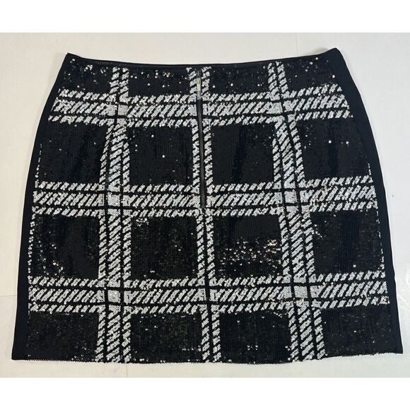 Ted Baker 4 Black White Hoopss Checkered Sequin Mini Skirt Size 12 US Windowpane - Picture 3 of 16